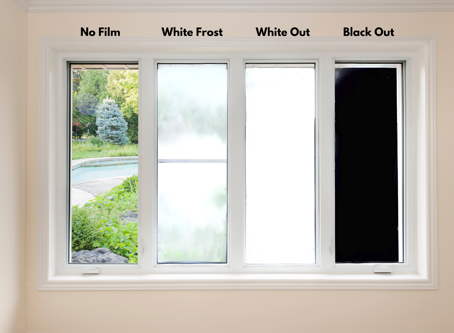 4 window panes showing what decorative window film looks like, far left no film, second from left white frost film, third from left white out film, fourth window pane shows black out film