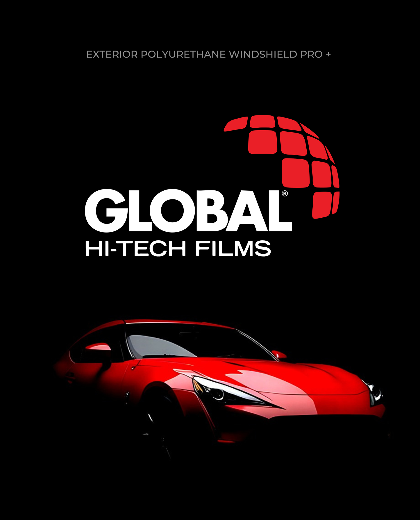 Global Hi-Tech Films advertisement with a red car and logo on a black background